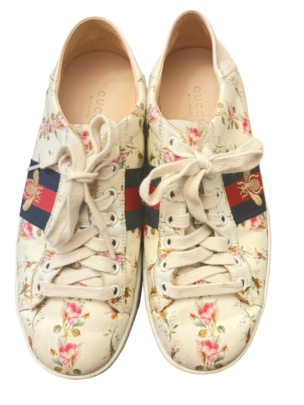 Authentic Gucci Ace floral bee print leather low-top sneakers Sz 36